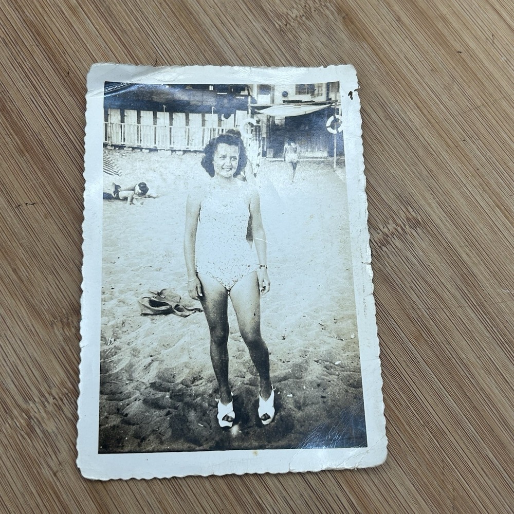 Vintage Black And White Photo 1940's Woman In Bathing Suit New Jersey Beach